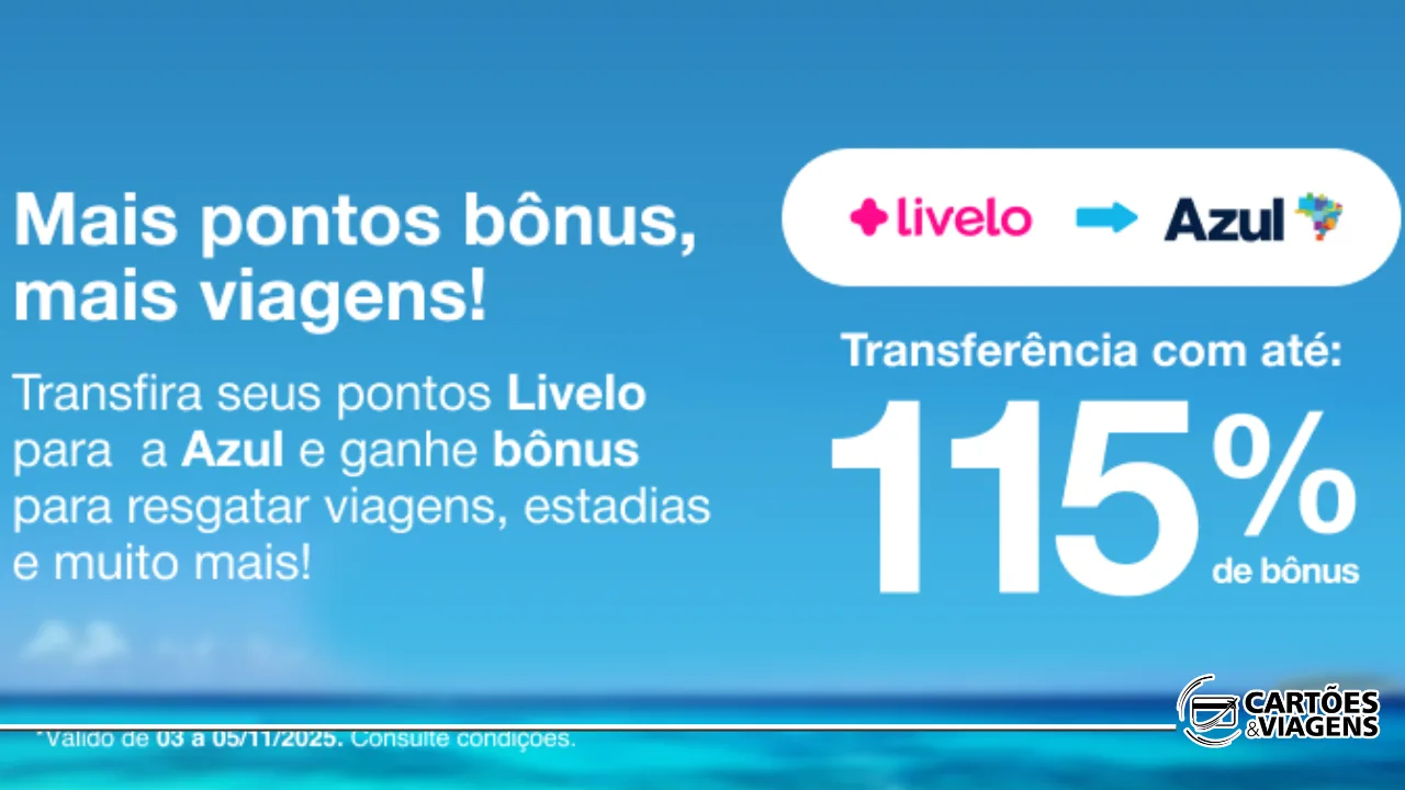 Azul e Livelo com Bônus: Ganhe até 115% de pontos extras na transferência (até 05/11)