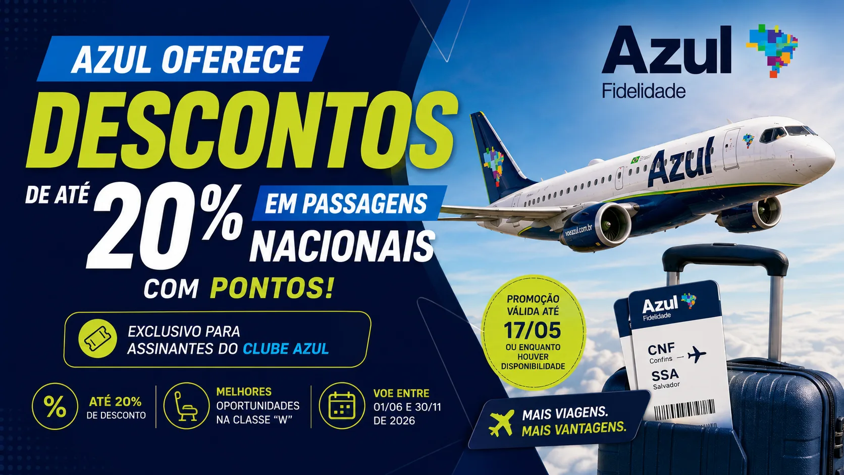 Azul oferece descontos de até 20% em passagens nacionais emitidas com pontos