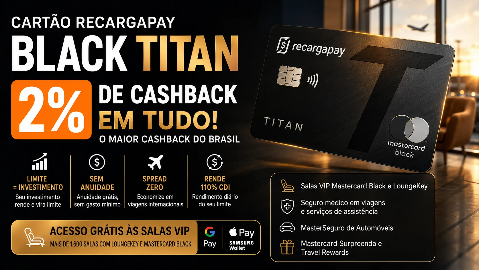 Cartão RecargaPay Black Titan: cashback de 2% ilimitado e benefícios Mastercard Black