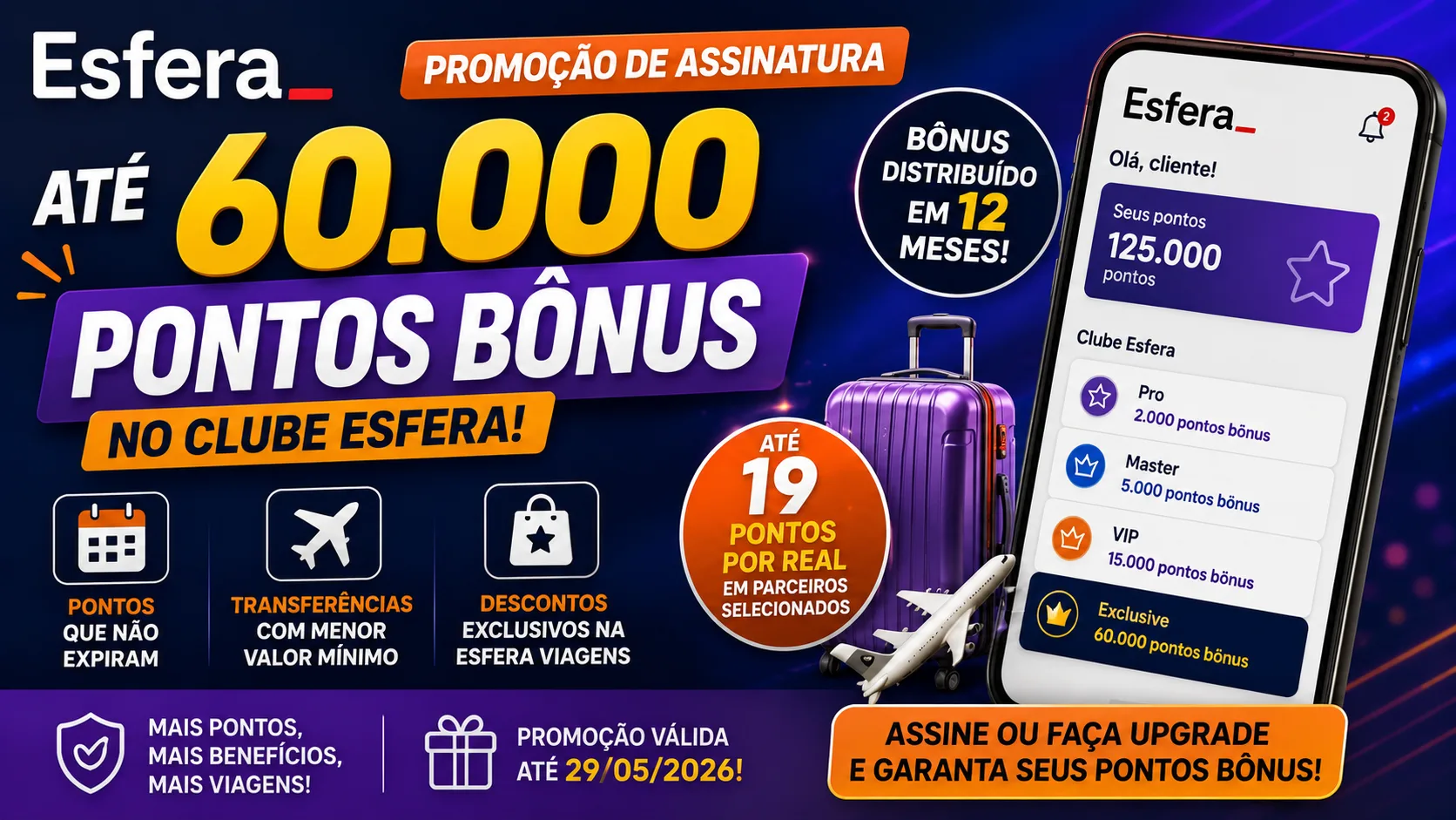 Esfera 60.000 pontos bônus: promoção oferece até 60 mil pontos extras no Clube Esfera