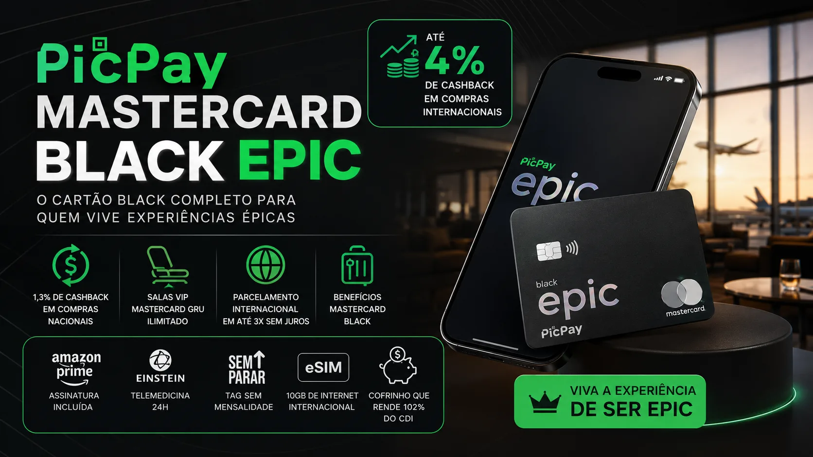 PicPay Mastercard Black Epic: vale a pena? Conheça benefícios, cashback e salas VIP