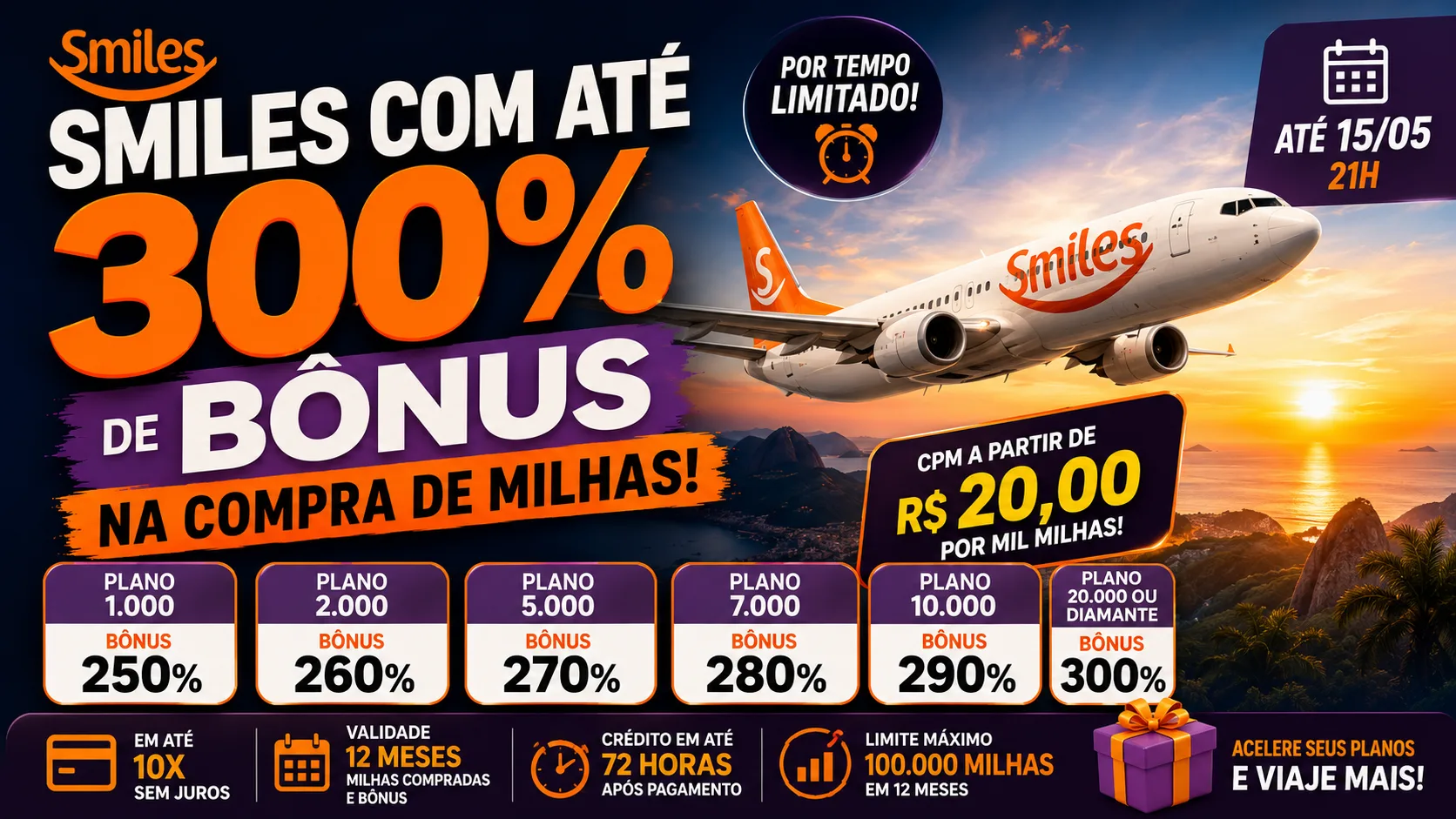 Smiles com até 300% de bônus na compra de milhas: CPM pode chegar a R$ 20