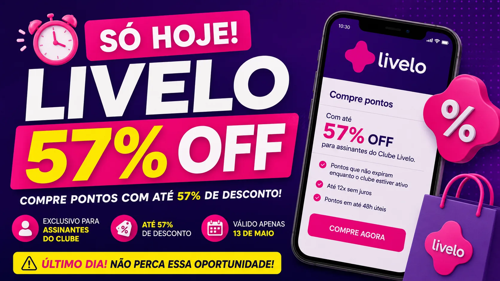 Só Hoje Livelo57% OFF: compre pontos com até 57% de desconto nesta quarta-feira