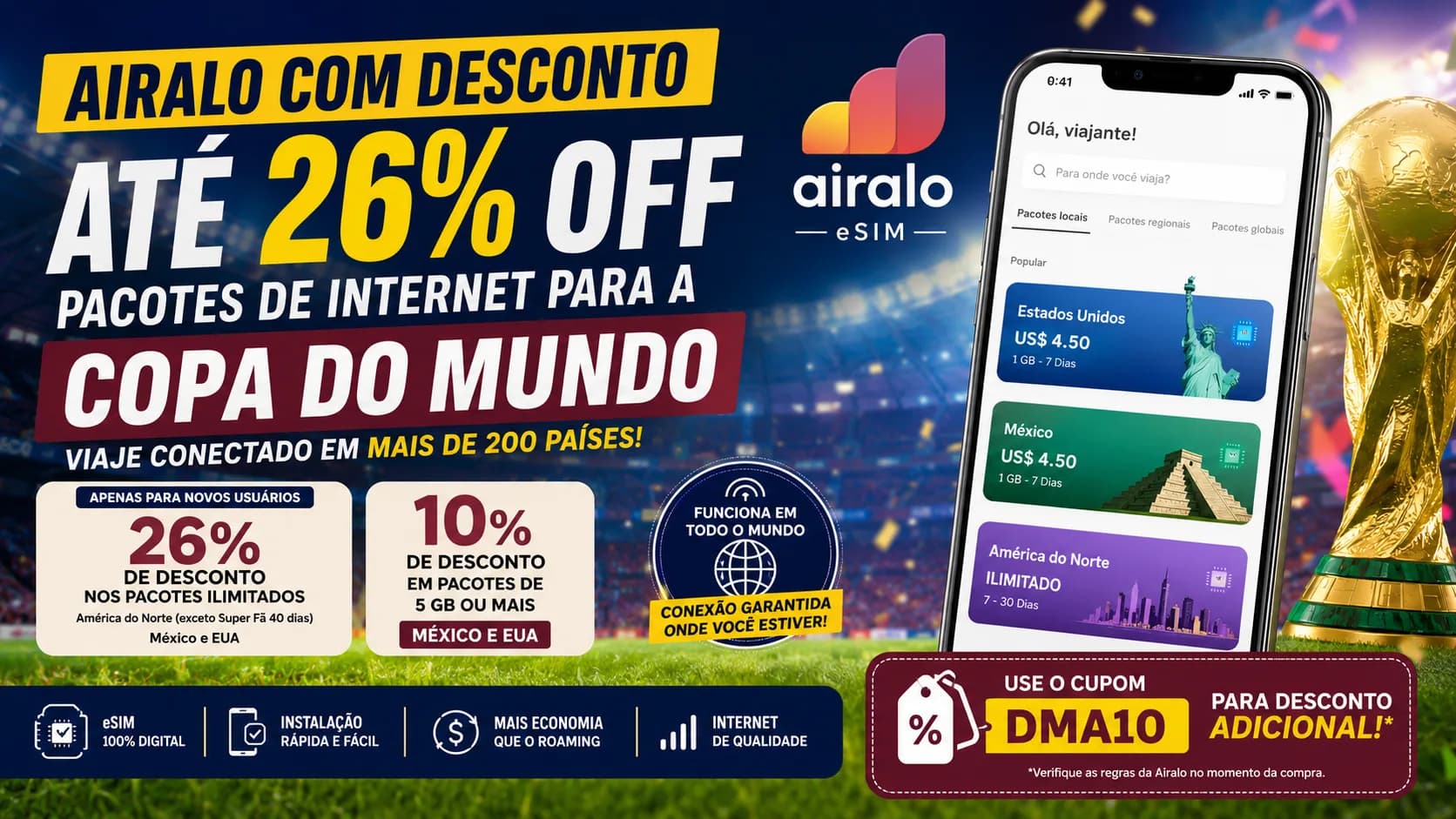 Airalo com Desconto: Ganhe Até 26% OFF nos Pacotes de Internet para a Copa do Mundo