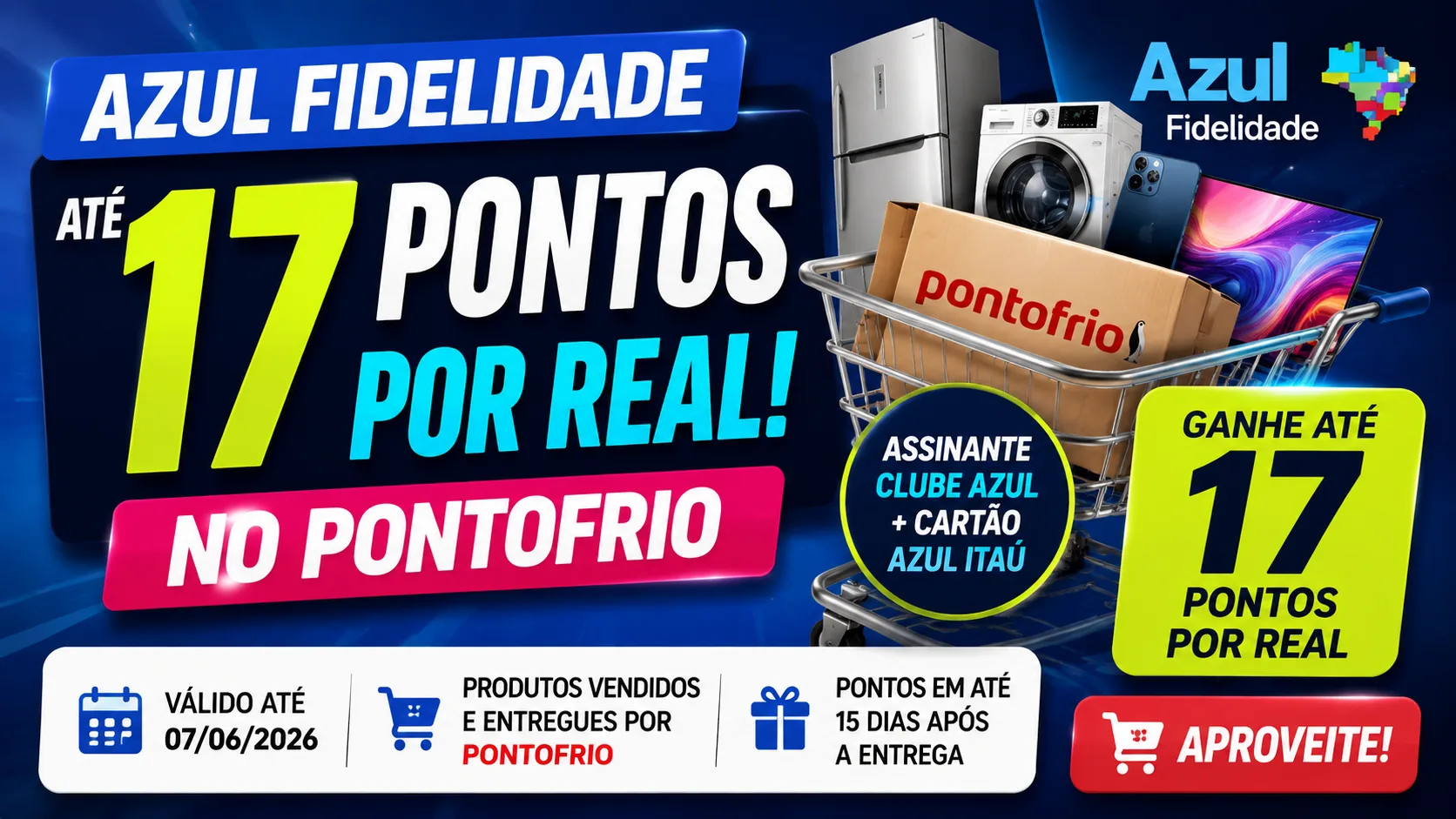 Azul Fidelidade 17 pontos por real: promoção no Pontofrio oferece acúmulo turbinado até 7 de junho
