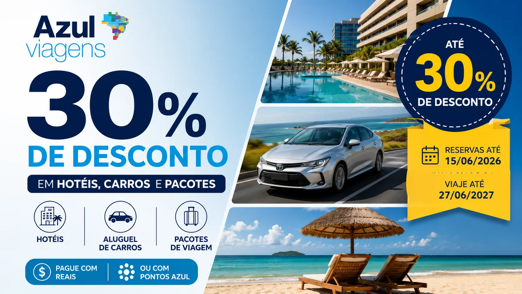 Azul Viagens 30% de Desconto: aproveite cupons para economizar em hotéis, carros e pacotes de viagem