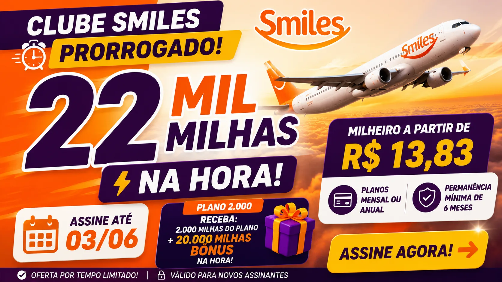 Clube Smiles 22 mil milhas: promoção prorrogada garante bônus imediato para novos assinantes