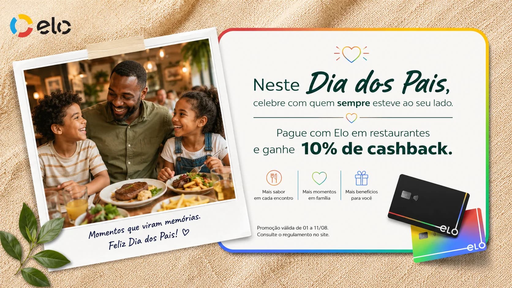 Cashback cartão Elo Dia dos Pais 2026 oferece 10% de volta em restaurantes