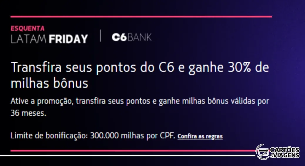 LATAM e C6 com bônus: transfira pontos e ganhe 30% extras no LATAM Pass