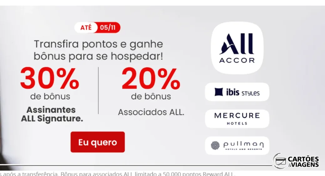 Promoção Esfera e ALL Accor: Ganhe até 30% de bônus em pontos Reward (até 05/11)