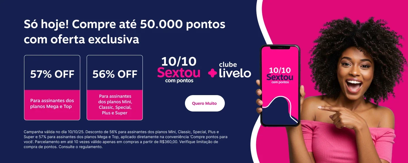 A compra de pontos Livelo é uma das formas mais rápidas para impulsionar seu saldo, especialmente quando você precisa completar uma missão, aproveitar uma promoção relâmpago ou emitir uma passagem específica. O preço-base dos pontos é de cerca de R$ 70,00 por mil pontos — o valor cheio, sem qualquer promoção. Para assinantes do Clube Livelo, esse valor já cai automaticamente com um desconto de 40%, tornando a compra bem mais acessível. Porém, o grande diferencial está nas promoções: duas a três vezes por mês surgem ofertas com 55%, 57% ou até mais de desconto, reduzindo drasticamente o custo por mil pontos e permitindo um acúmulo expressivo com investimento menor. 💡 Dica Cartões e Viagens: guia rapido livelo